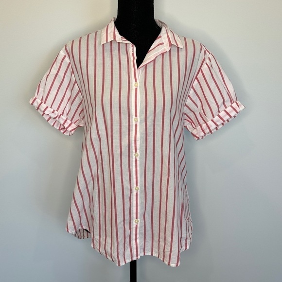 GAP Pink and White Striped Women's Short Sleeve Button Up (S) - Picture 3 of 8
